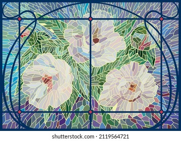 Stained glass flowers. White peonies in a modern style frame