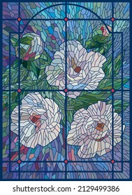 Stained glass flowers. White peonies on a blue background