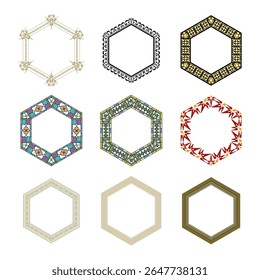 Molduras de vidro manchadas. Forma de mosaico hexágono. Ícone de borda ornamental. Design artístico vetorial.