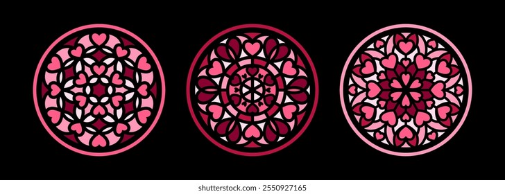 Stained glass with hearts illustrations collection, circle shape, stylized rose window vector ornament. Round frames set, radial Valentine's day templates. Colorful mosaic decoration, black background