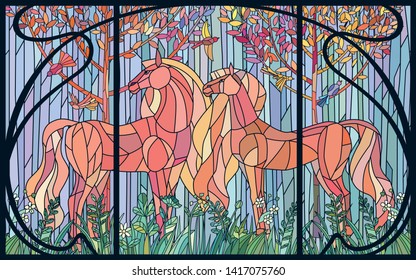 Stained glass horses of color patches in the frame of Art Nouveau style. Imitation colored glass