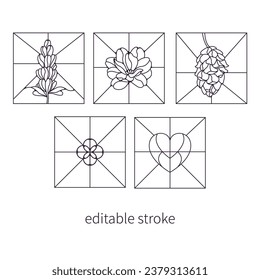 Buntglassymbol SET in Vektorgrafik.  Vektorsymbole aus Buntglasfenstern, die mit einem bearbeitbaren Schlaganfall im Umriss-, Linien- und Strichstil erstellt wurden
HERZ, BLUME, NATURGotik 