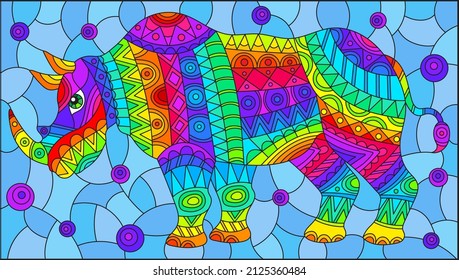 Stained glass illustration with abstract bright rhinoceros, animals on a blue background, rectangular image