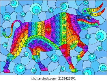 Stained glass illustration with abstract bright rhinoceros, animals on a blue background, rectangular image