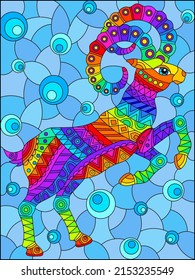 Stained glass illustration with abstract bright ram, animal on a blue background, rectangular image