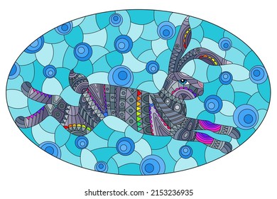 Stained glass illustration with abstract bright rabbit, animals on a blue background, oval image