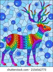 Stained glass illustration with abstract bright deer, animal on a blue background, rectangular image