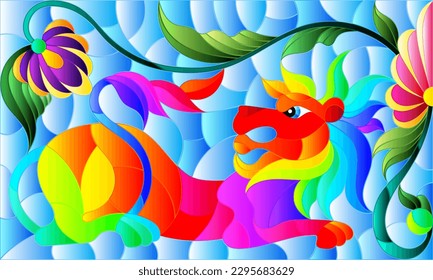 Stained glass illustration with abstract bright lion and flowers on a blue background, rectangular image