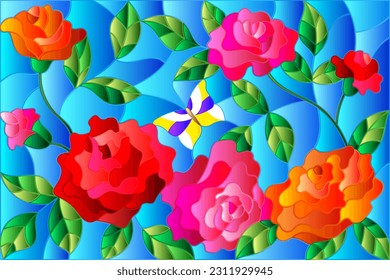 Stained glass illustration with abstract bright roses and a butterfly on a blue background