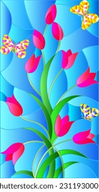 Stained glass illustration with abstract bright tulips and a butterfly on a blue background