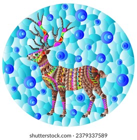 Stained glass illustration with abstract bright deer, animal on a blue background, oval image