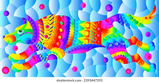 Stained glass illustration with abstract bright wolf on a blue background, rectangular image