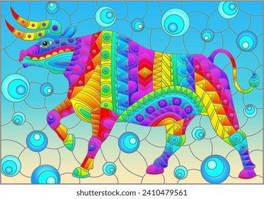 Stained glass illustration with abstract bright rhinoceros, animals on a blue background, rectangular image