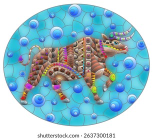 Stained glass illustration with abstract bright rhinoceros, animals on a blue background, oval image