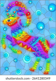 Stained glass illustration with abstract bright ram, animal on a blue background, rectangular image
