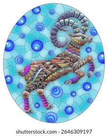 Ilustração de vidro manchado com aríete brilhante abstrato, animal em um fundo azul, imagem oval