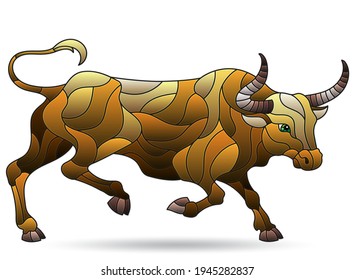 A stained glass illustration with an abstract brown bull, the animal isolated on a white background