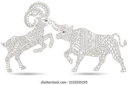 Stained glass illustration with abstract bull and ram, animals isolated on a white background