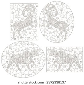 Stained glass illustration with abstract bull and ram, animals isolated on a white background