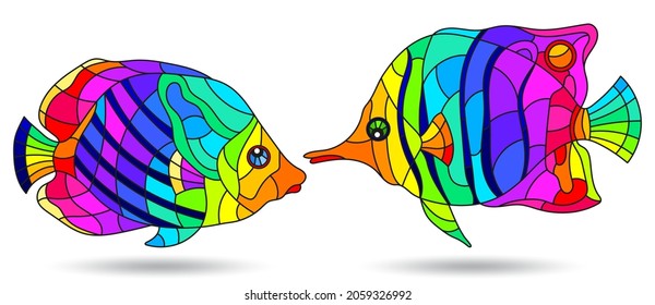 A stained glass illustration with abstract butterfly fish isolated on a white background