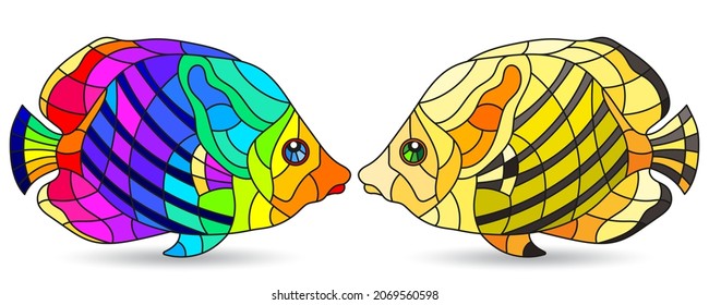 A stained glass illustration with abstract butterfly fish isolated on a white background