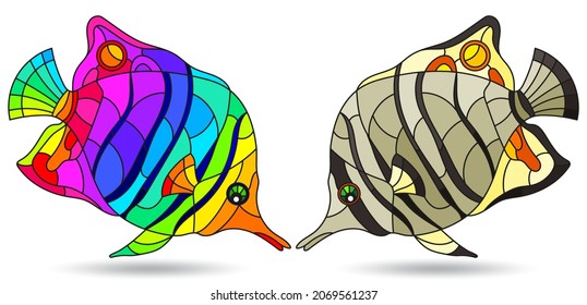 A stained glass illustration with abstract butterfly fish isolated on a white background