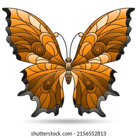 Stained glass illustration with abstract butterfly, brown insect isolated on white background