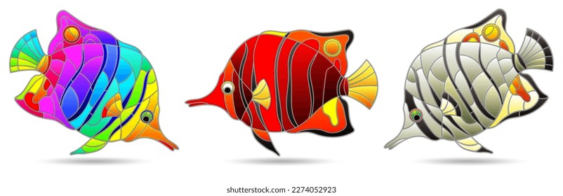 A stained glass illustration with abstract butterfly fish isolated on a white background