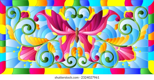 Stained glass illustration with abstract butterfly and flowers, leaves on a light background, horizontal image, in a bright frame