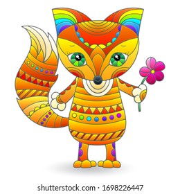 A stained glass illustration with an abstract cute cartoon Fox isolated on a white background
