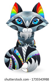 A stained glass illustration with an abstract cute cartoon raccoon isolated on a white background
