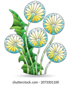 Stained glass illustration with abstract dandelion flowers, bouquets isolated on a white background