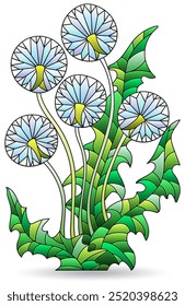 Stained glass illustration with abstract dandelion flowers, bouquet isolated on a white background