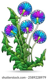 Stained glass illustration with abstract dandelion flowers, bouquet isolated on a white background