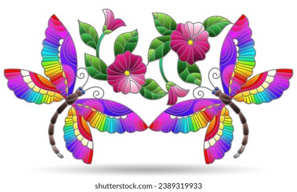 Stained glass illustration with abstract dragonflies and flowers, isolated on a white background