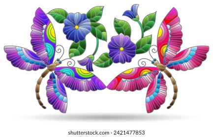 Stained glass illustration with abstract dragonflies and flowers, isolated on a white background
