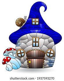 A stained glass illustration with an abstract dwarf house, isolated on a white background