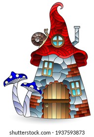 A stained glass illustration with an abstract dwarf house, isolated on a white background