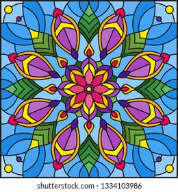 Stained glass illustration with abstract floral ornaments, flowers, leaves and curls on blue background, square illustration