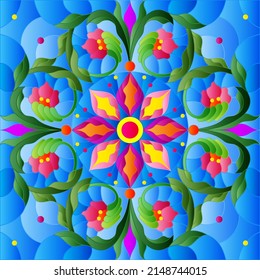 Stained glass illustration with abstract floral ornaments, flowers, leaves and curls on blue background, square illustration