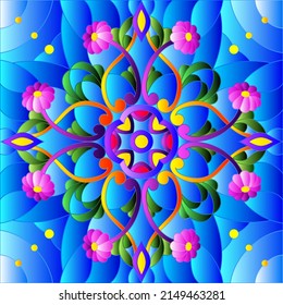 Stained glass illustration with abstract floral ornaments, flowers, leaves and curls on blue background, square illustration