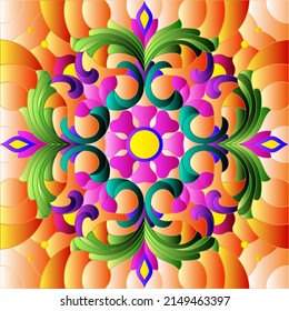 Stained glass illustration with abstract floral ornaments, flowers, leaves and curls on an orange background, square illustration