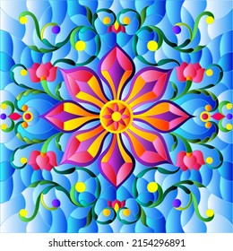 Stained glass illustration with abstract floral ornaments, flowers, leaves and curls on blue background, square illustration