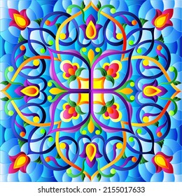 Stained glass illustration with abstract floral ornaments, flowers, leaves and curls on blue background, square illustration
