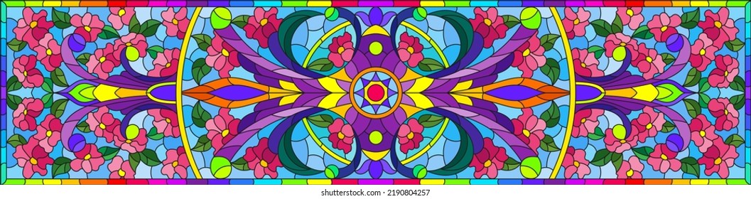 Stained glass illustration with abstract flowers and swirls on a blue background , rectangular image