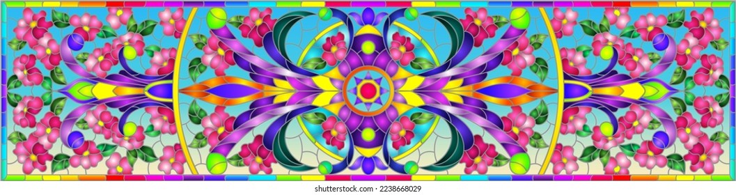 Stained glass illustration with abstract flowers and swirls on a blue background , rectangular image