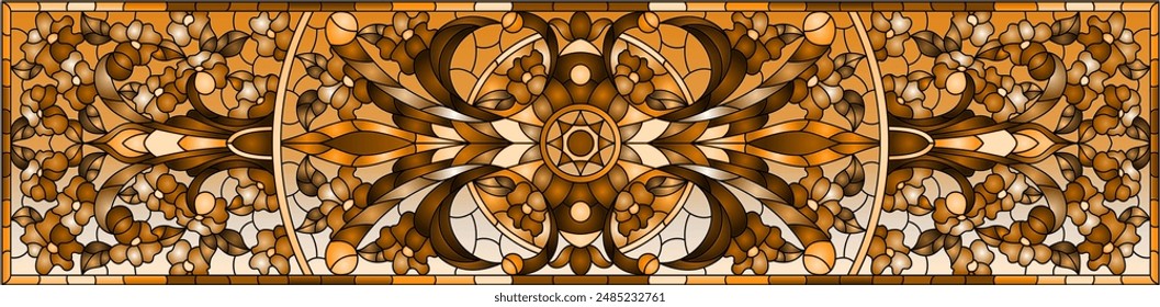 Stained glass illustration with abstract flowers and swirls , rectangular image, tone brown