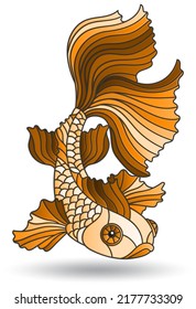 Stained glass illustration with an abstract goldfish isolated on a white background, tone brown