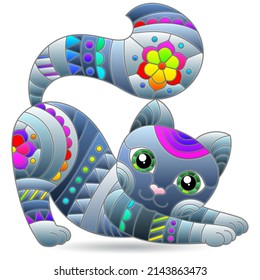 A stained glass illustration with an abstract grey cat, an animal isolated on a white background