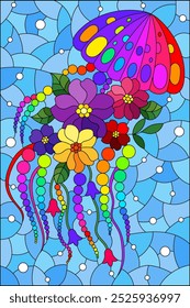 A stained glass illustration with an abstract jellyfish in flowers on a water background